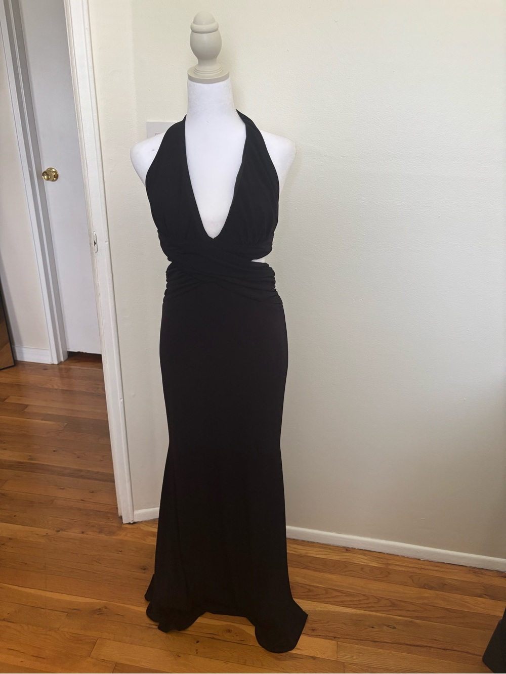 Morgan & Co. Black Backless Halter Maxi Gown
